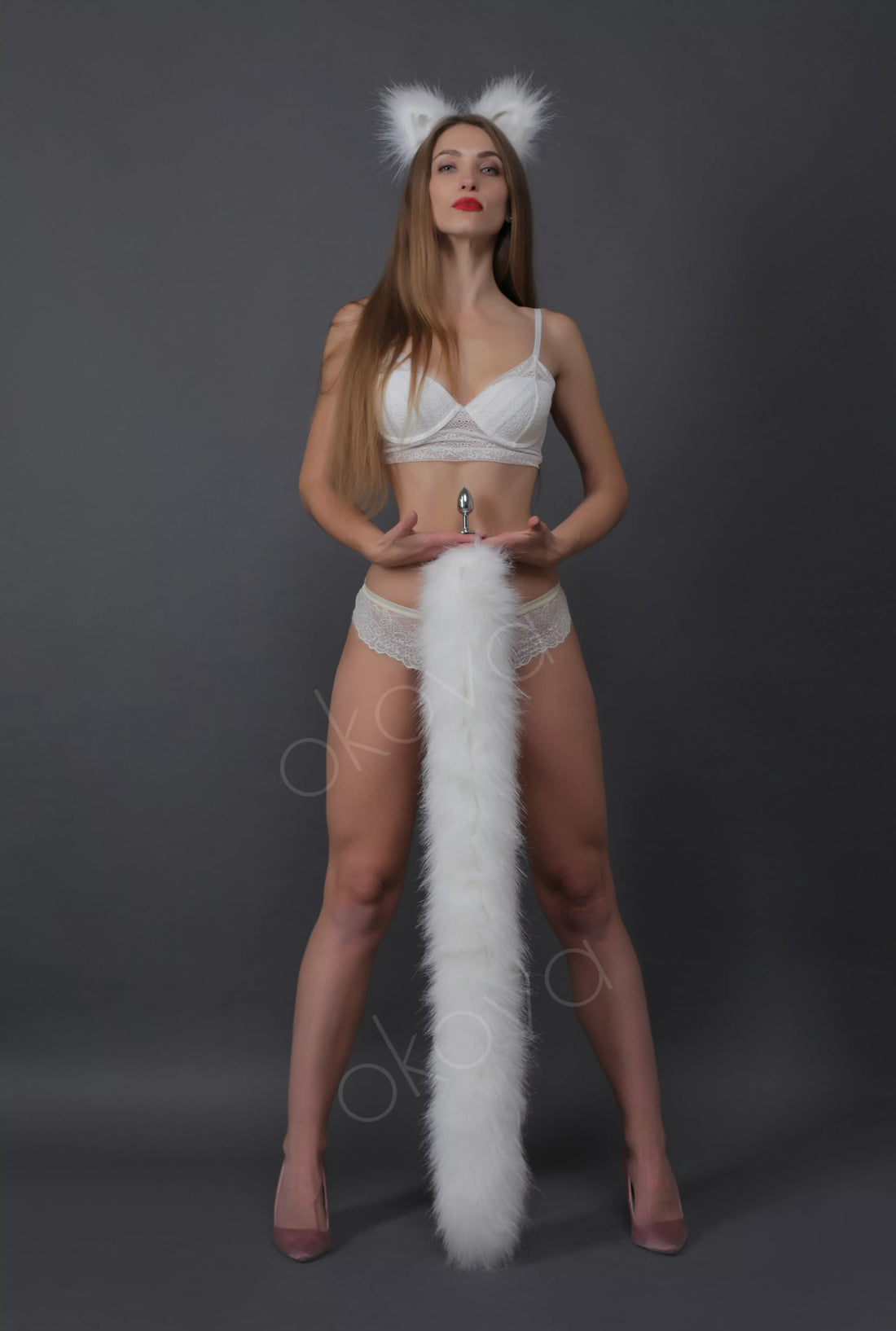 Cat tail butt plug white and Cat ears white 40"