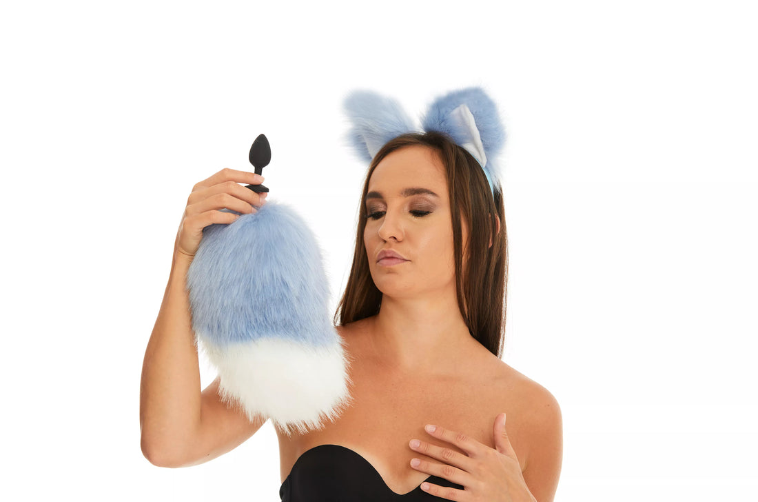 Bunny Tail Butt Plugs blue with white tip 10"