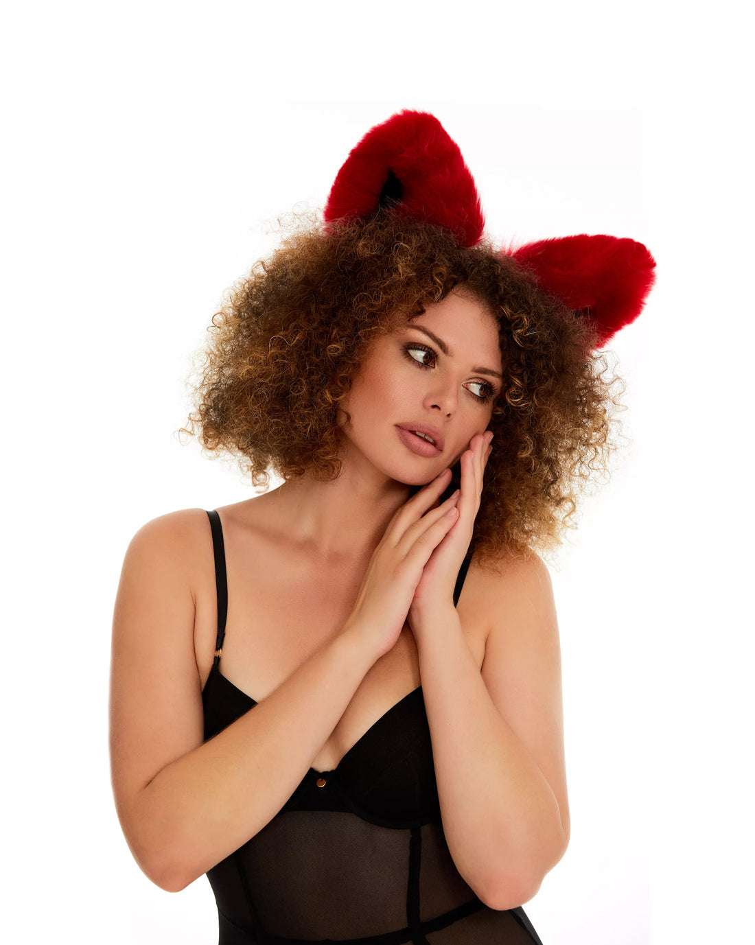 Fluffy kitsune ears deep red with black tip
