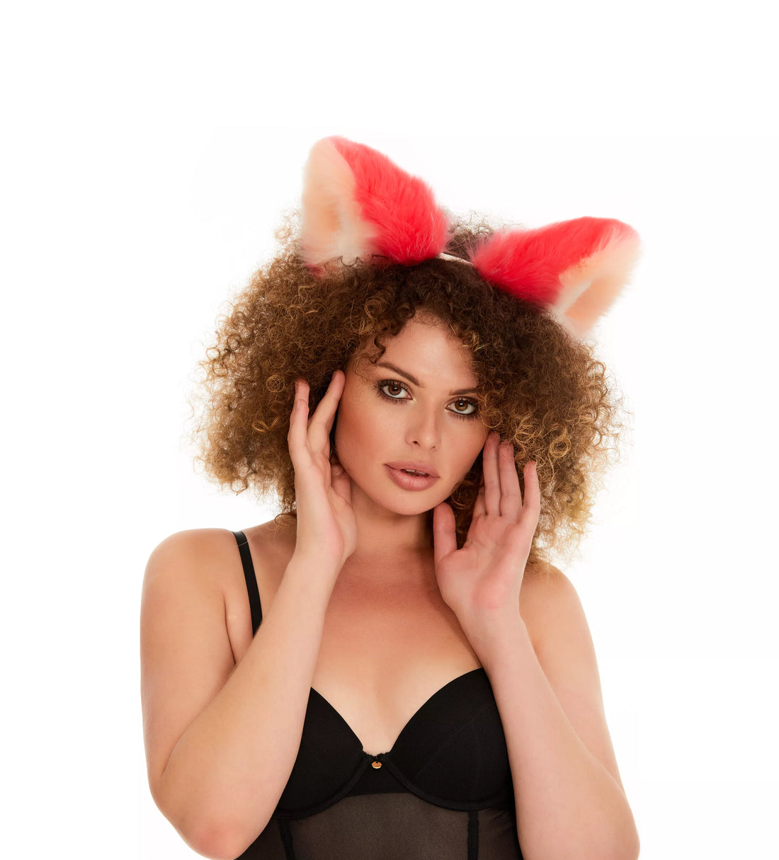 Fluffy kitsune ears bright pink with peach white tip