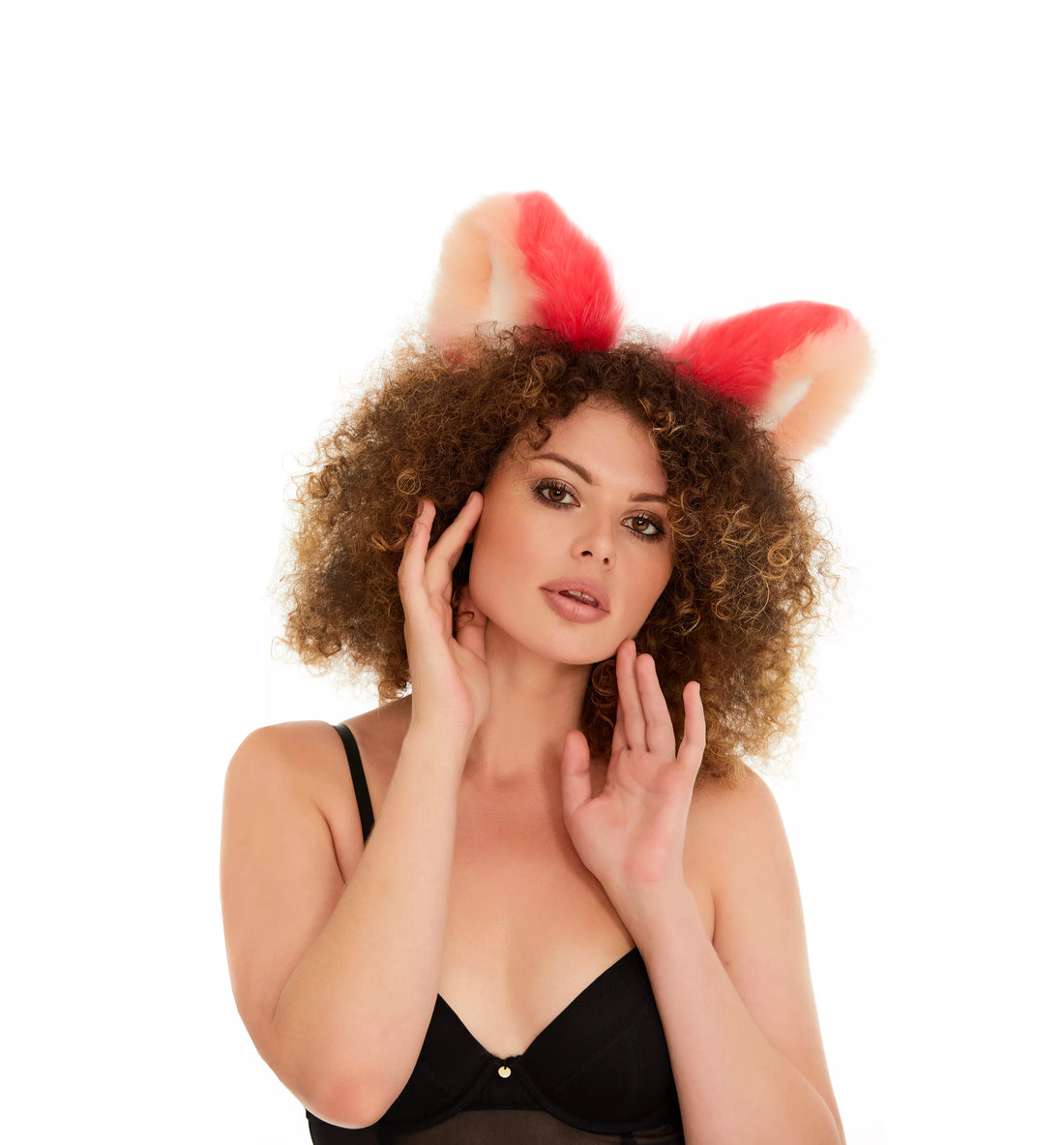Fluffy kitsune ears bright pink with peach white tip