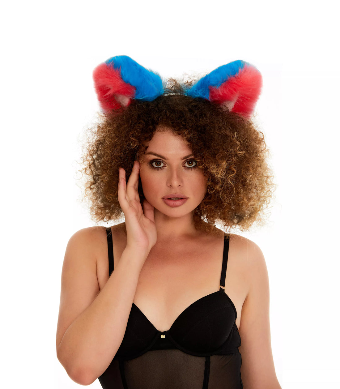 Fluffy kitsune ears bright blue with bright pink white tip