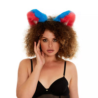 Fluffy kitsune ears bright blue with bright pink white tip
