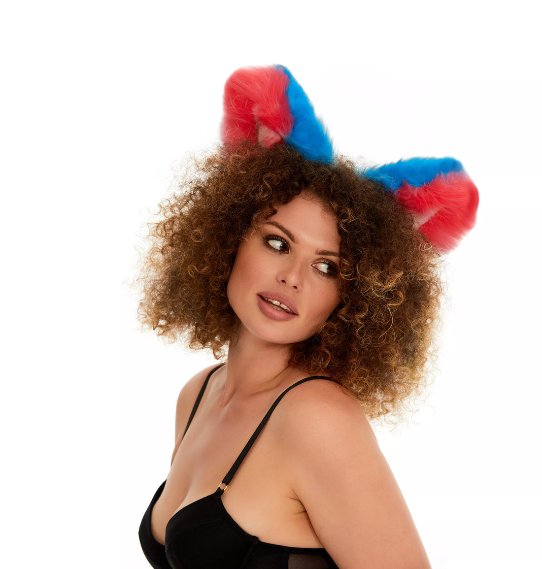 Fluffy kitsune ears bright blue with bright pink white tip