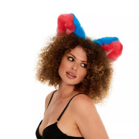 Fluffy kitsune ears bright blue with bright pink white tip