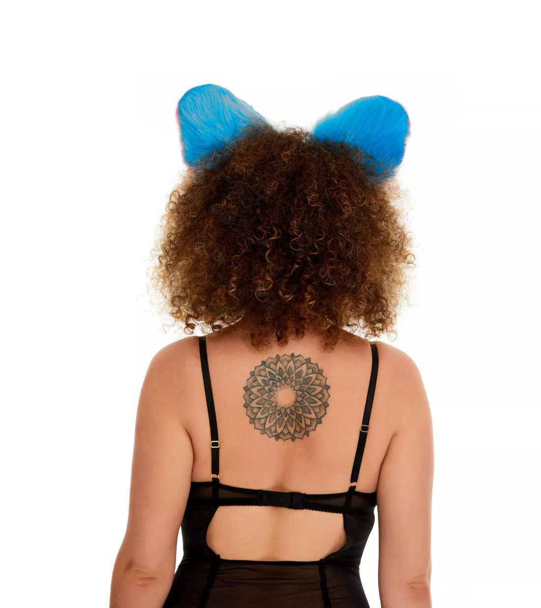 Fluffy kitsune ears bright blue with bright pink white tip