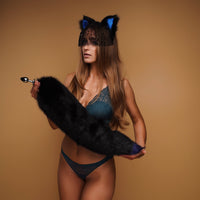 Black fluffy tail plug with blue tip 29" - OKOVA