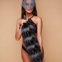 Silver fluffy tail plug with white tip 29" - OKOVA