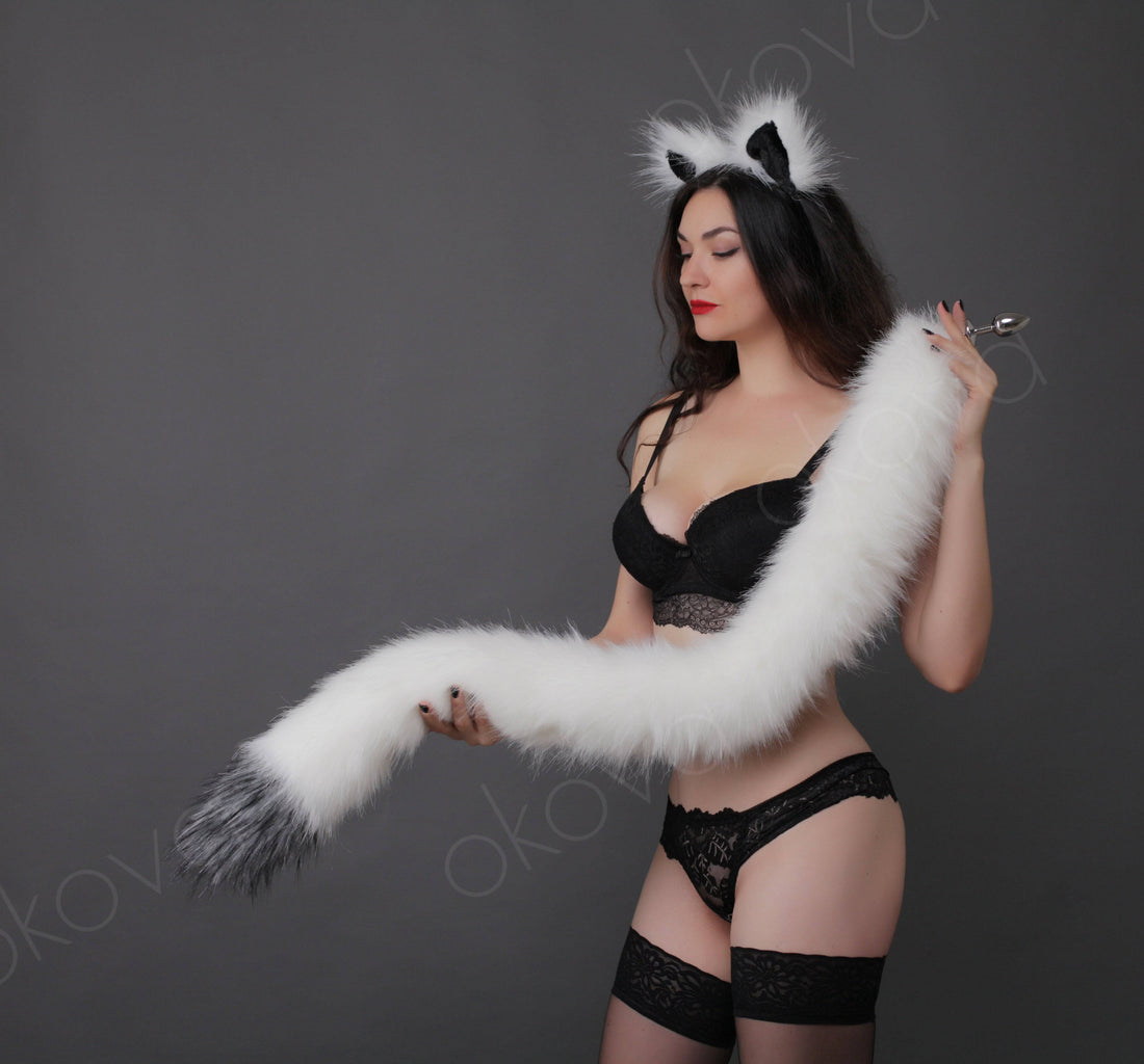 Tail butt plug white with gray tip 40" - OKOVA