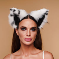 Fluffy cat ears white with black tip and black dot - OKOVA