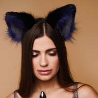 Fluffy kitsune ears black with blue gray tip - OKOVA