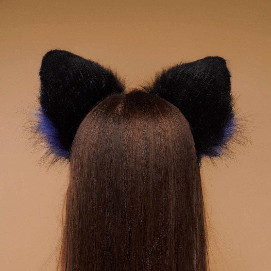 Fluffy kitsune ears black with blue gray tip - OKOVA