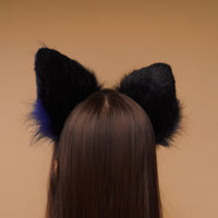 Fluffy kitsune ears black with blue gray tip - OKOVA