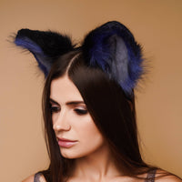 Fluffy kitsune ears black with blue gray tip - OKOVA