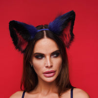 Fluffy kitsune ears blue with black red tip - OKOVA