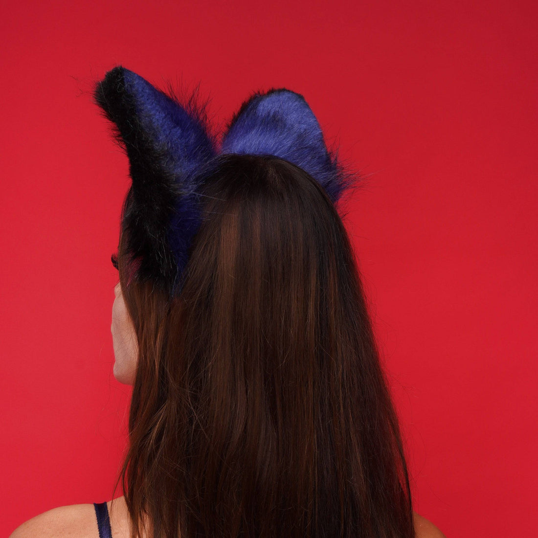 Fluffy kitsune ears blue with black red tip - OKOVA