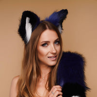 Fluffy kitsune ears blue with black white tip - OKOVA
