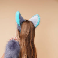 Fluffy kitsune ears gray with green tip - OKOVA