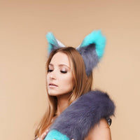 Fluffy kitsune ears gray with green tip - OKOVA