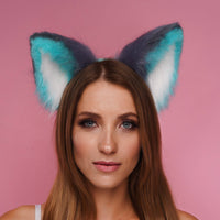 Fluffy kitsune ears gray with green white tip - OKOVA