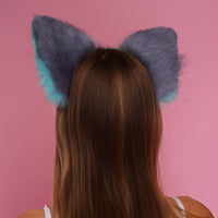 Fluffy kitsune ears gray with green white tip - OKOVA