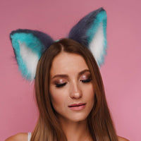 Fluffy kitsune ears gray with green white tip - OKOVA