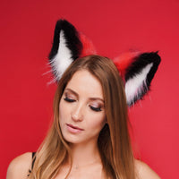 Fluffy kitsune ears red with black white tip - OKOVA