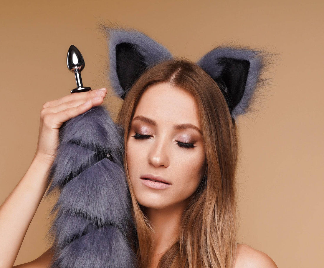 Kitten ears gray with black tip and black ribbons - OKOVA