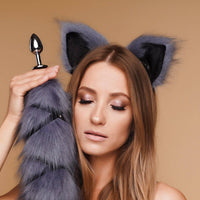 Kitten ears gray with black tip and black ribbons - OKOVA