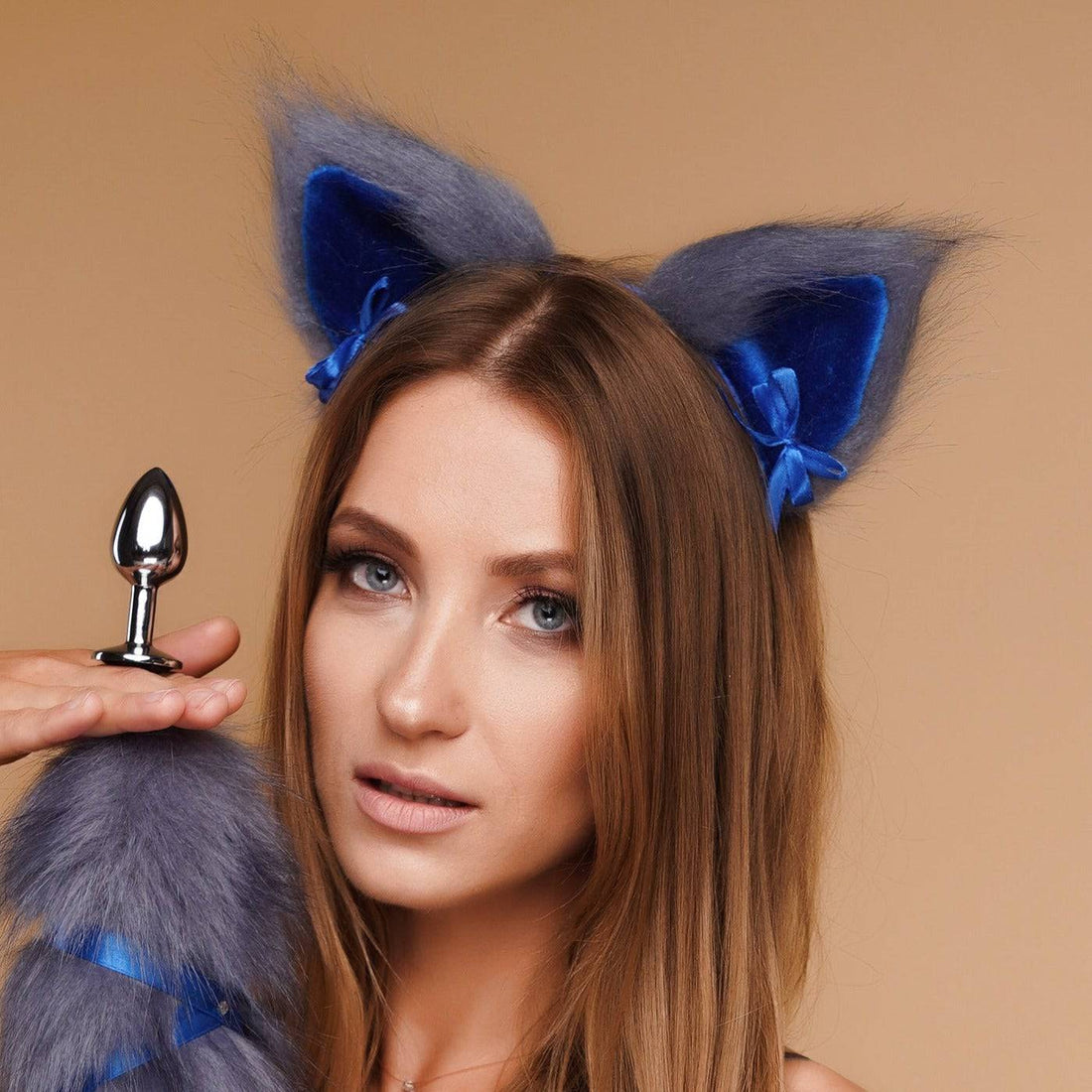 Kitten ears gray with blue tip and blue ribbons - OKOVA