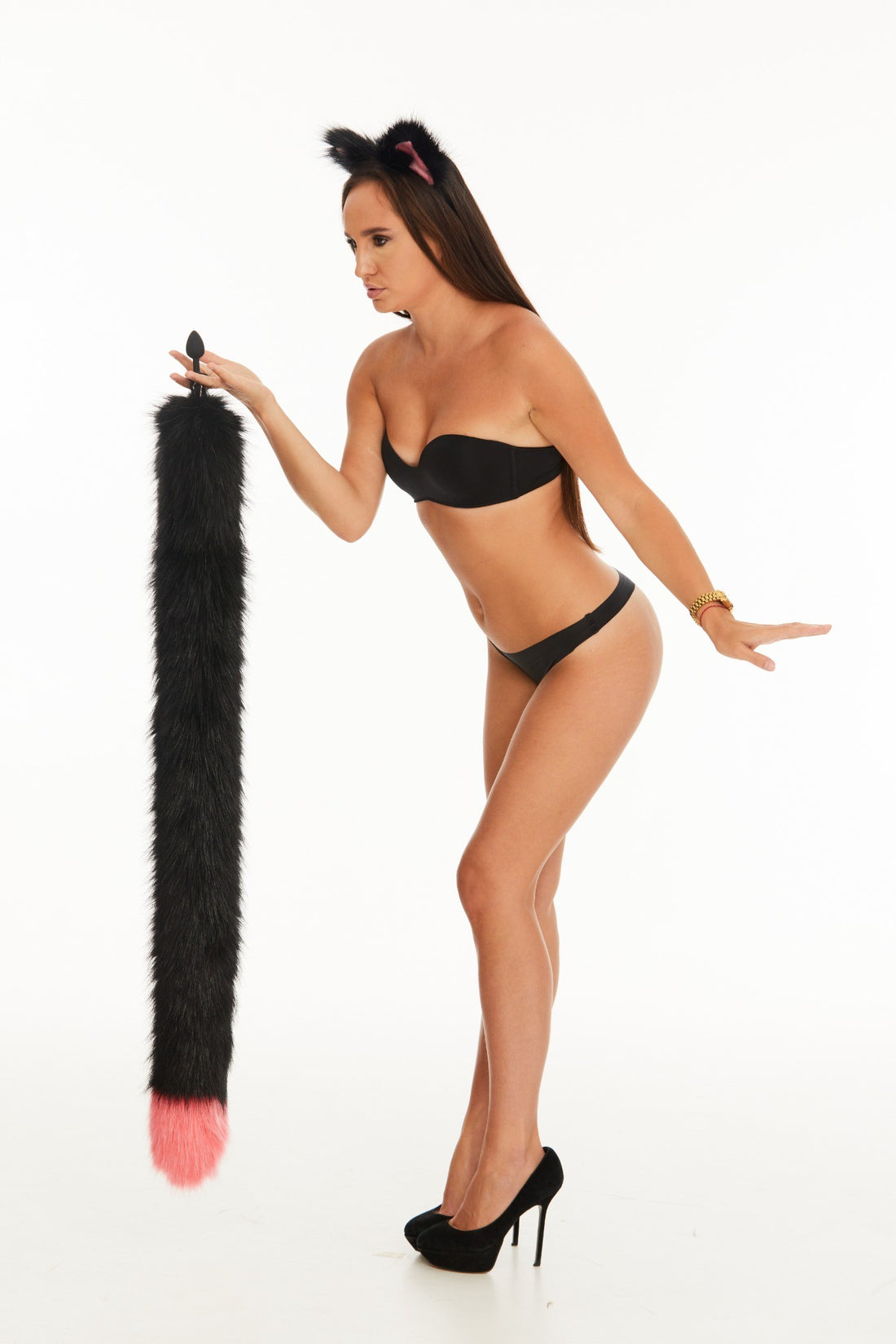 Tail butt plug black with bright pink tip  40"