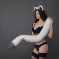 Tail butt plug white with grey tip and cat ears white with silver tip 40"