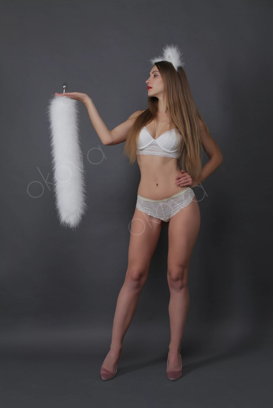 Cat tail butt plug white and cat ears white 29"