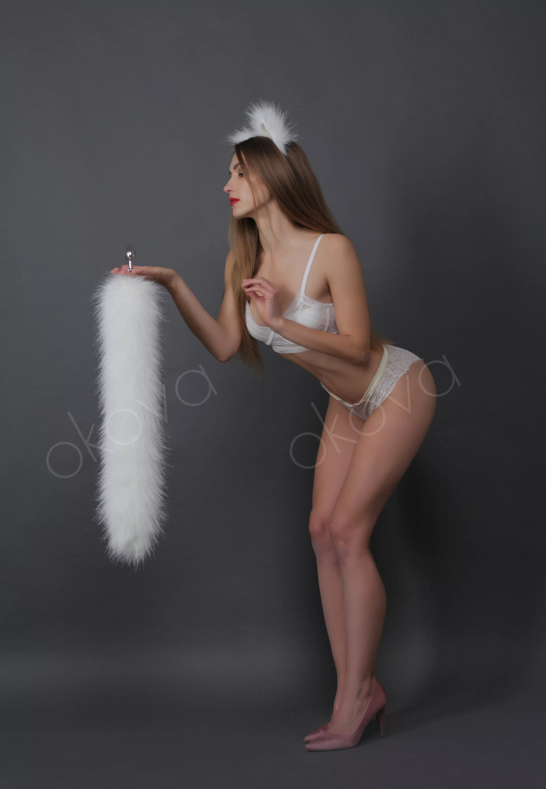 Cat tail butt plug white and cat ears white 29"