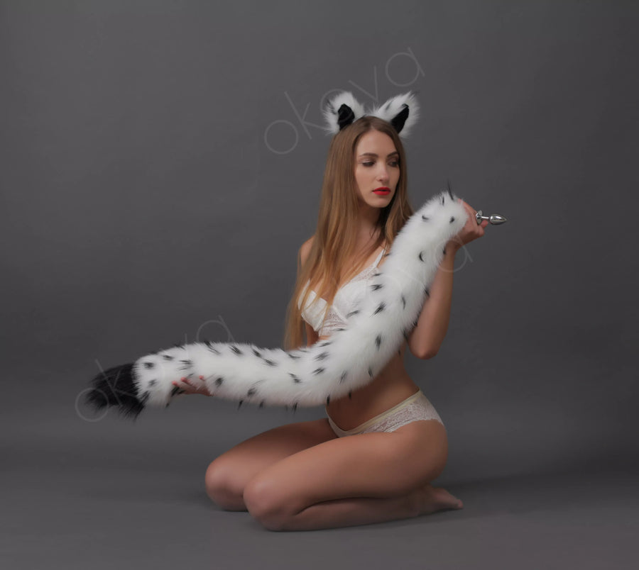 Cat tail butt plug white with black tip and black dot and cat ears white with black tip and white dot 40"