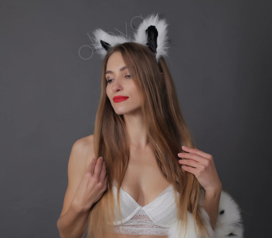 Cat tail butt plug white with black tip and black dot and cat ears white with black tip and white dot 29"