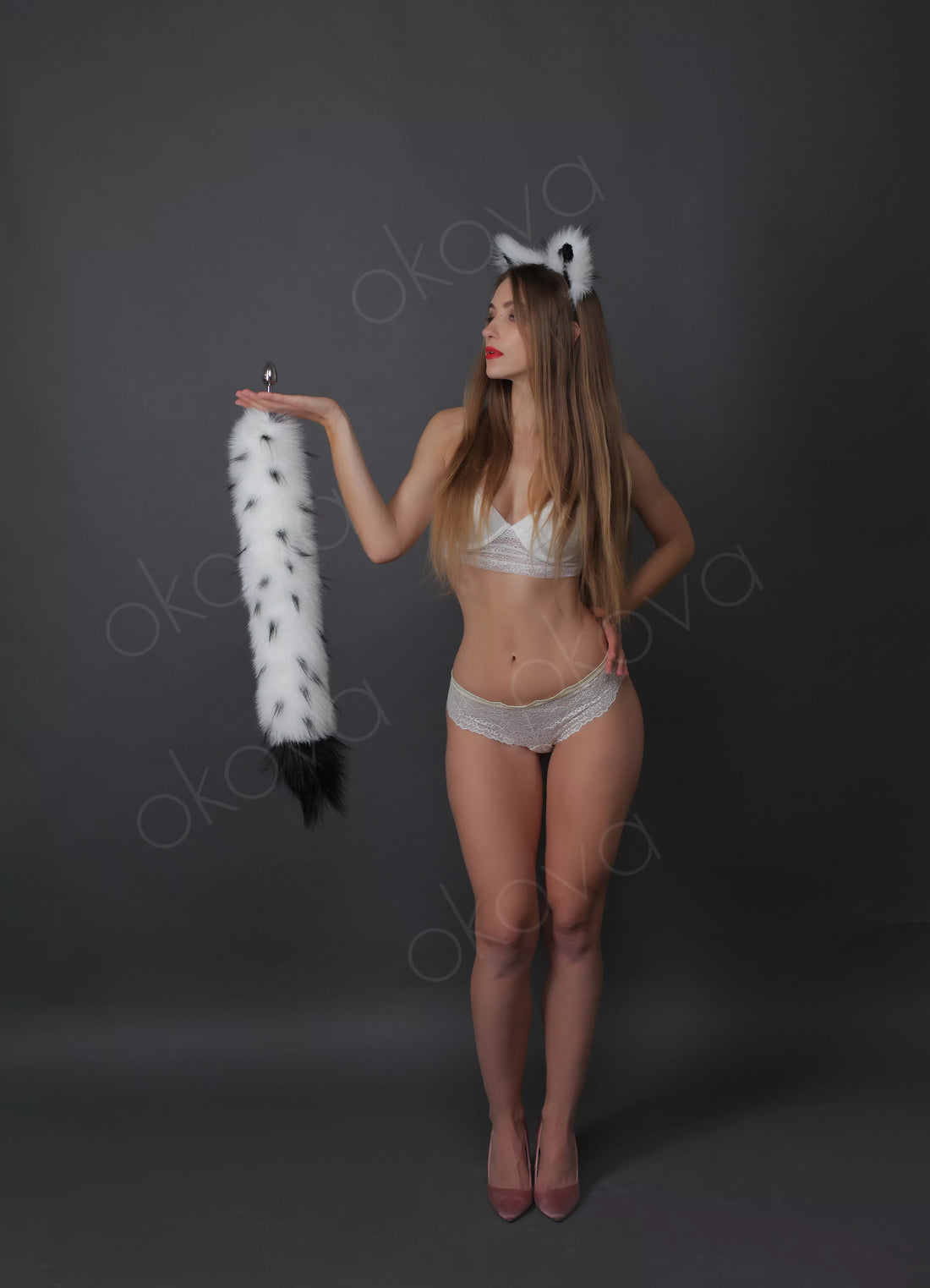 Cat tail butt plug white with black tip and black dot and cat ears white with black tip and white dot 29"