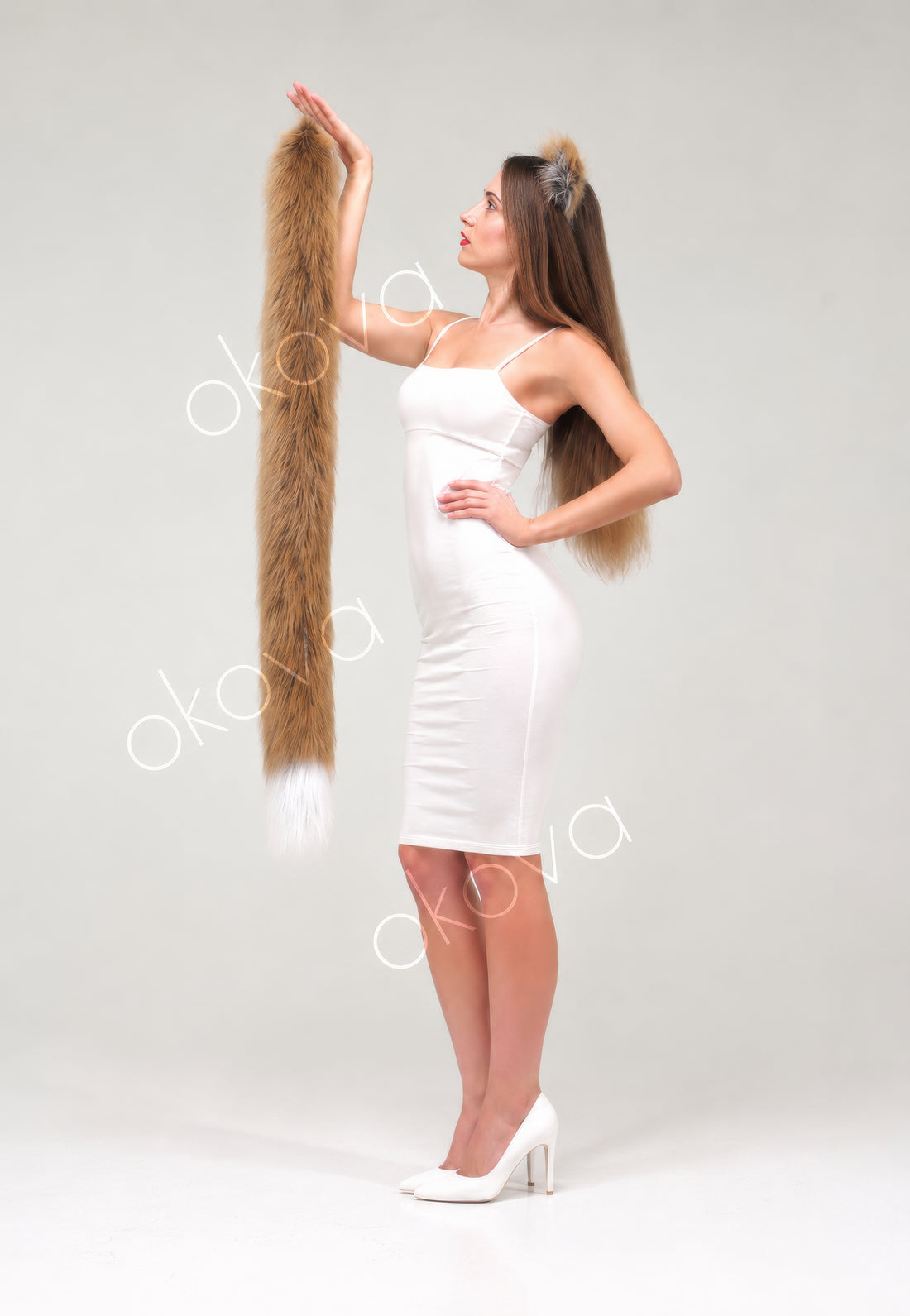 White & Orange Fox tail for cosplay 40"