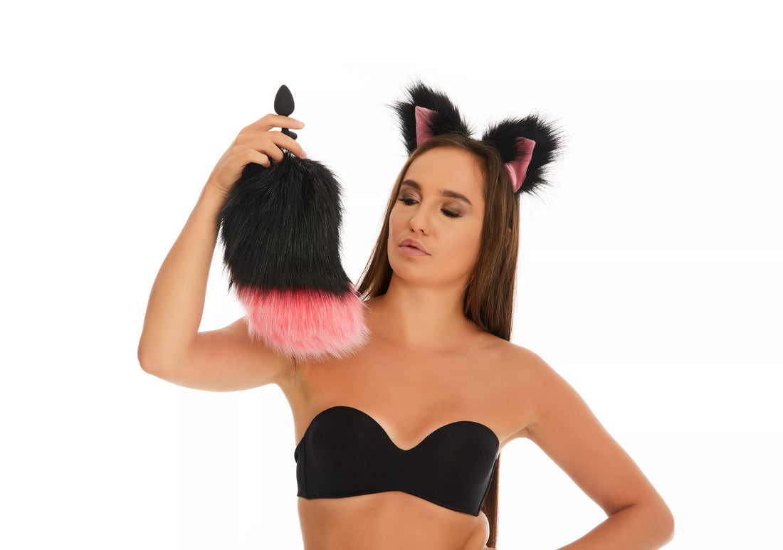 Bunny Tail Butt Plugs black with pink tip 10"