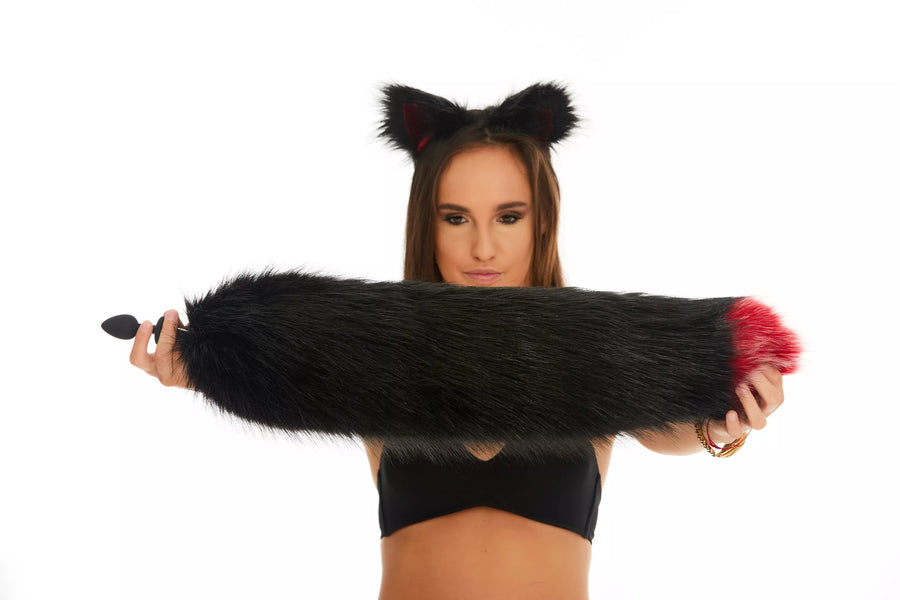 Fluffy Tail Butt Plugs black with red tip 25"