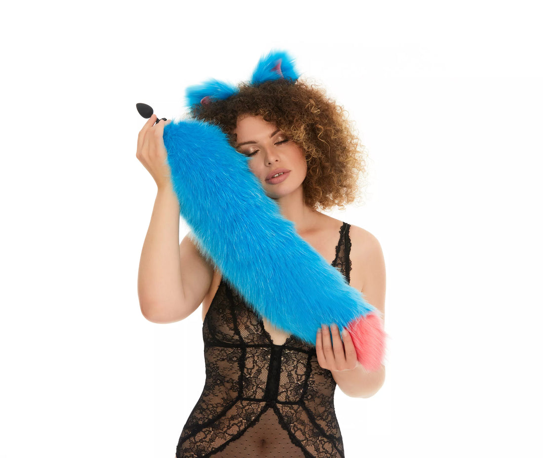 Fluffy Tail Butt Plugs blue with pink tip 25"