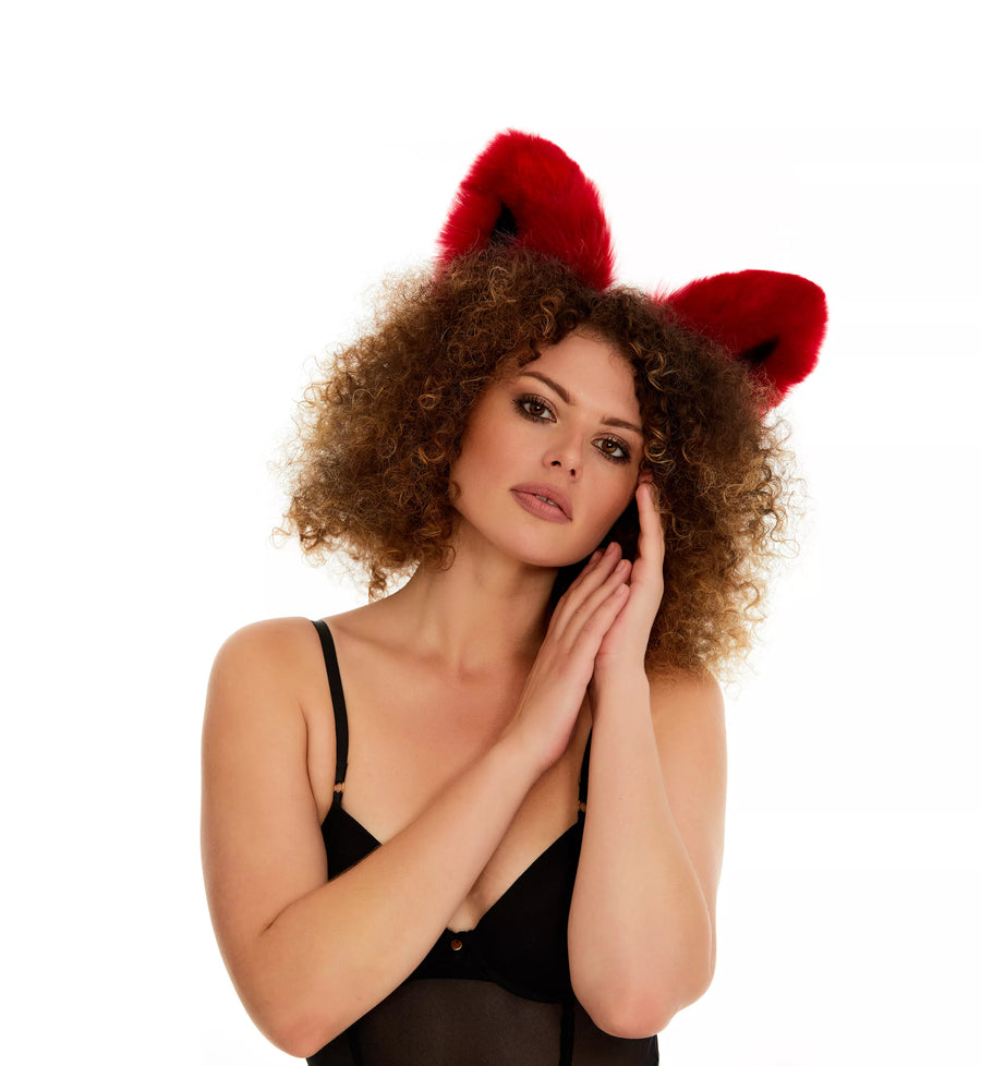 Fluffy kitsune ears deep red with black tip