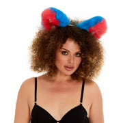 Fluffy kitsune ears bright blue with bright pink white tip