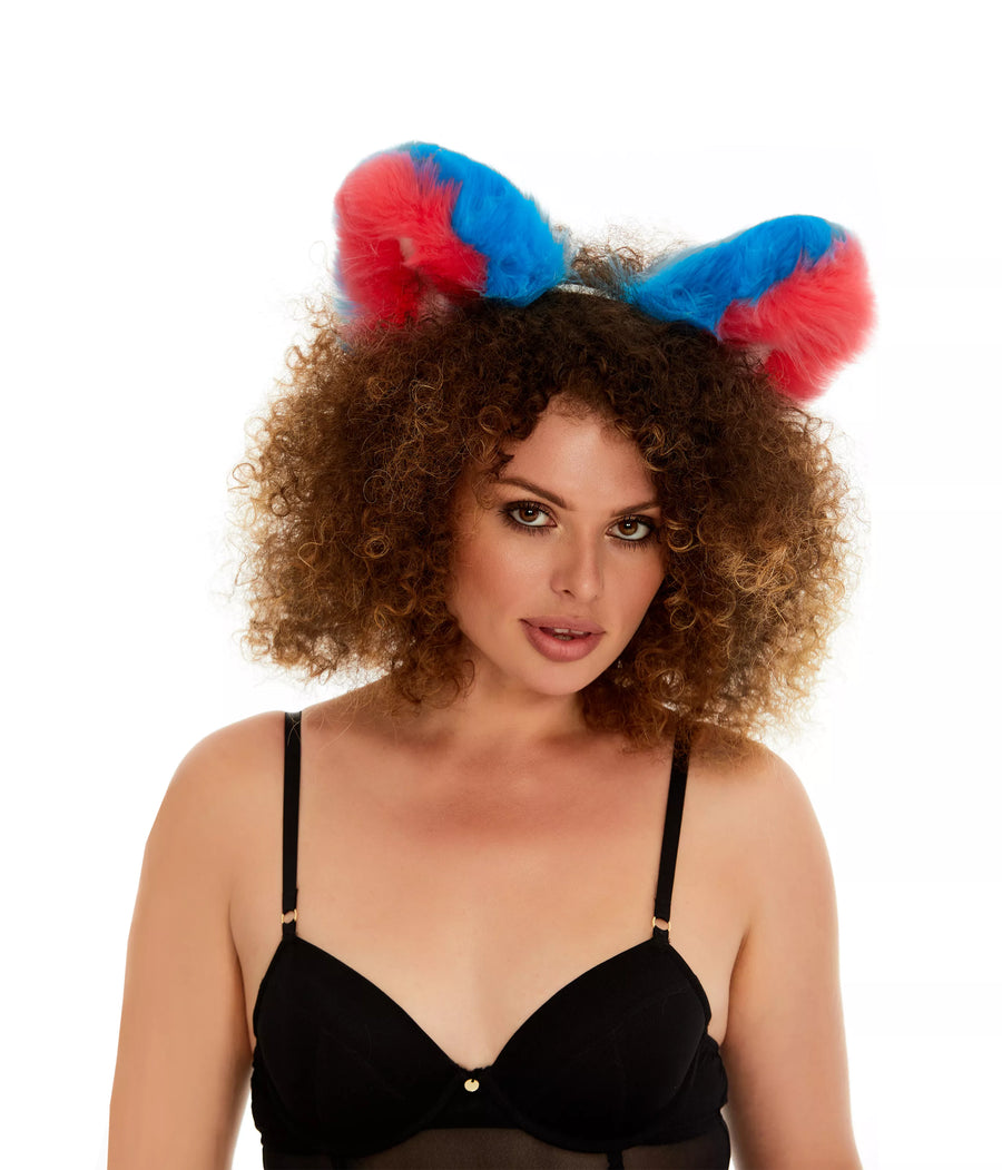 Fluffy kitsune ears bright blue with bright pink white tip