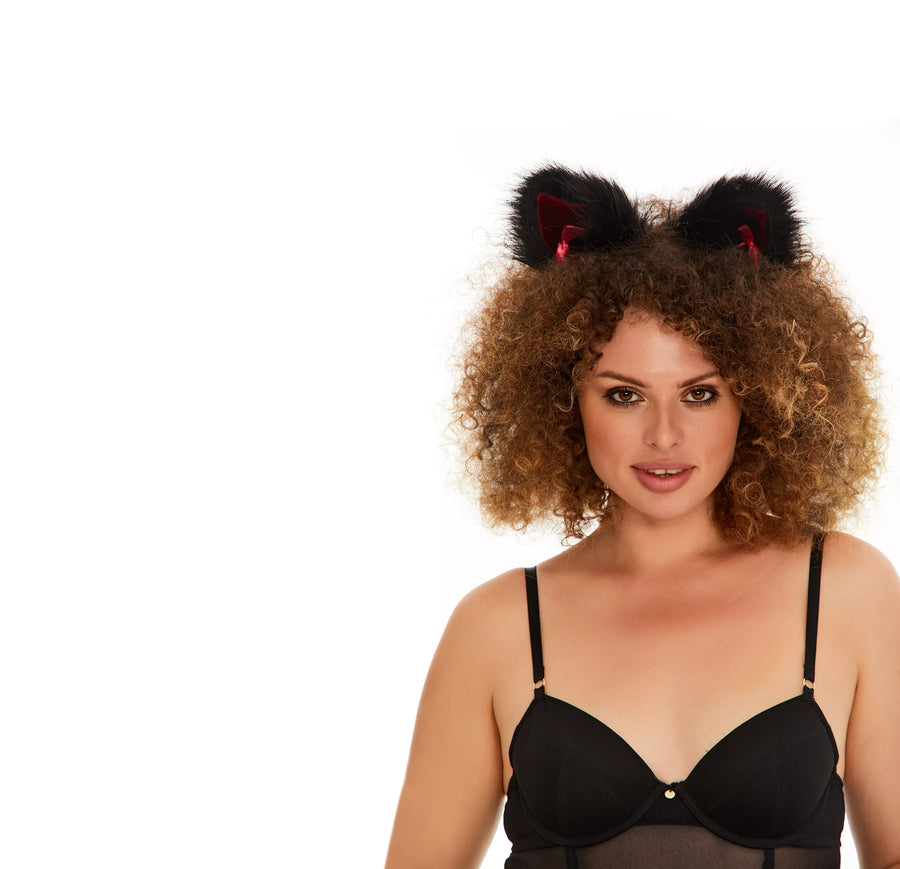 Cat ears black with deep red tip and deep red ribbons