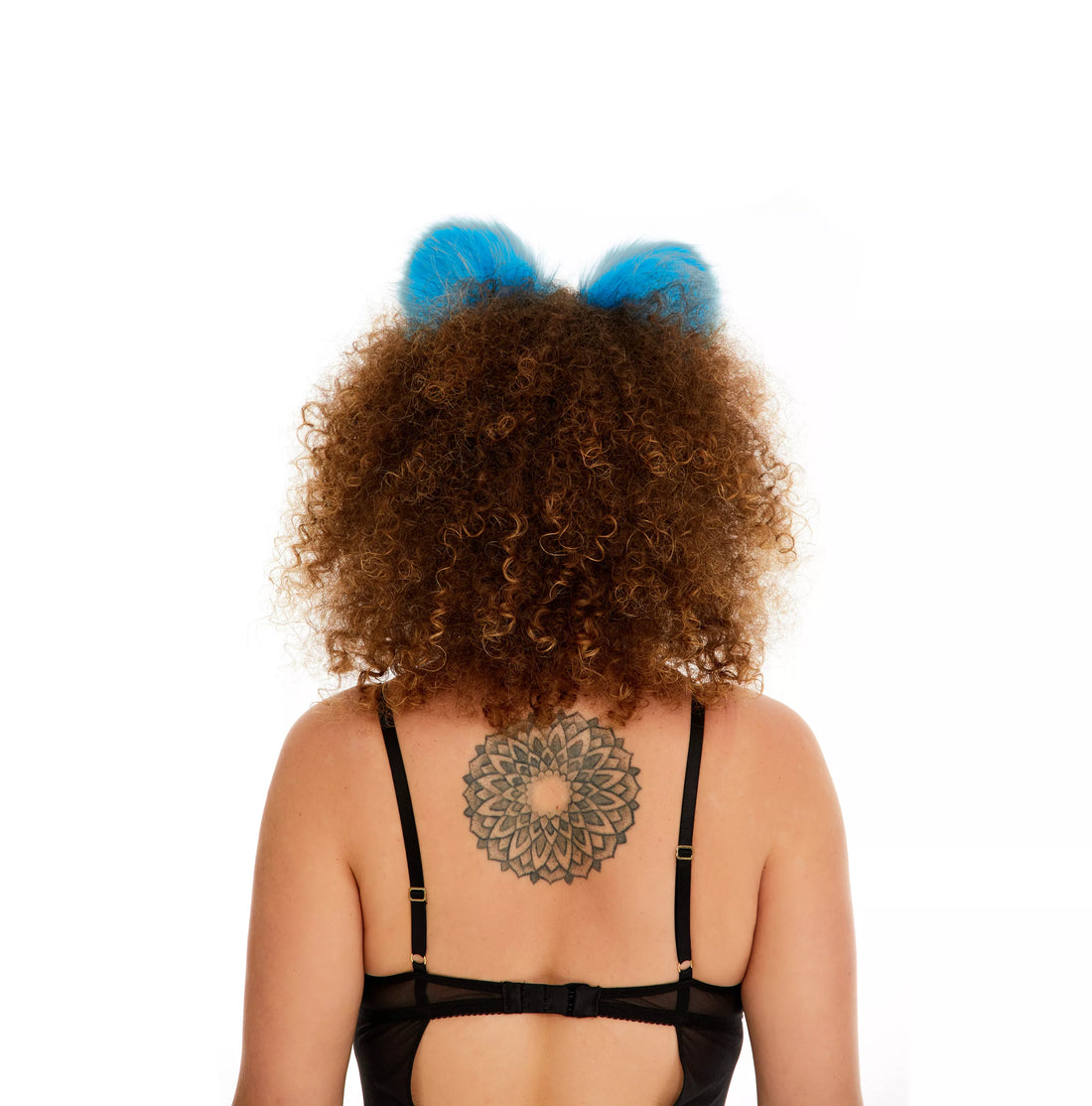 Cat ears bright blue with white tip and white ribbons