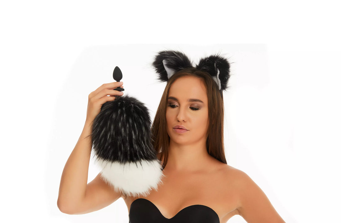 Bunny Tail Butt Plugs black with white tip 10" 