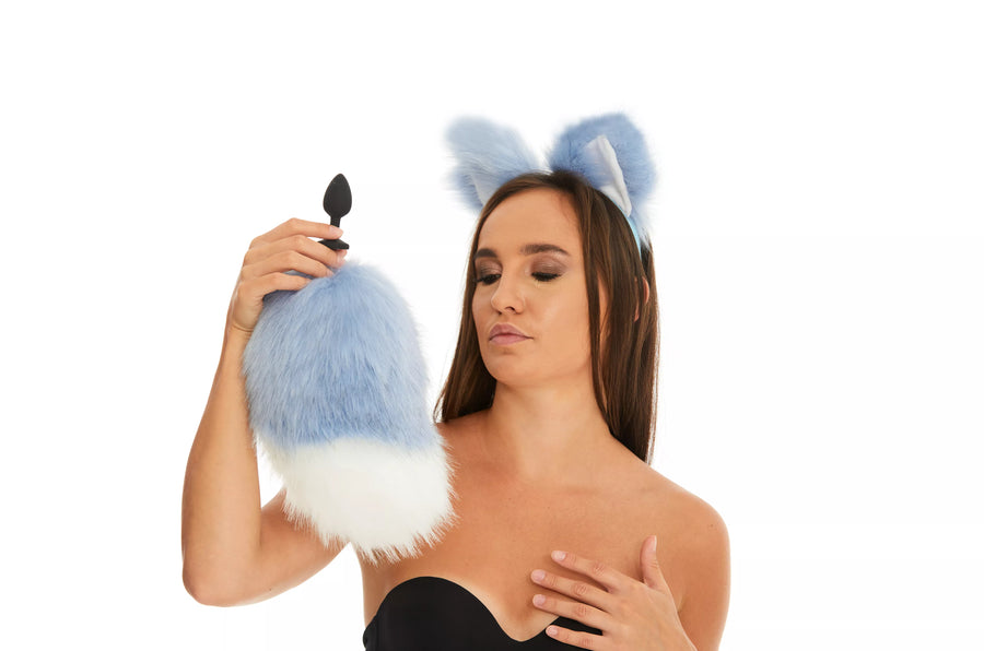 Bunny Tail Butt Plugs blue with white tip 10" 