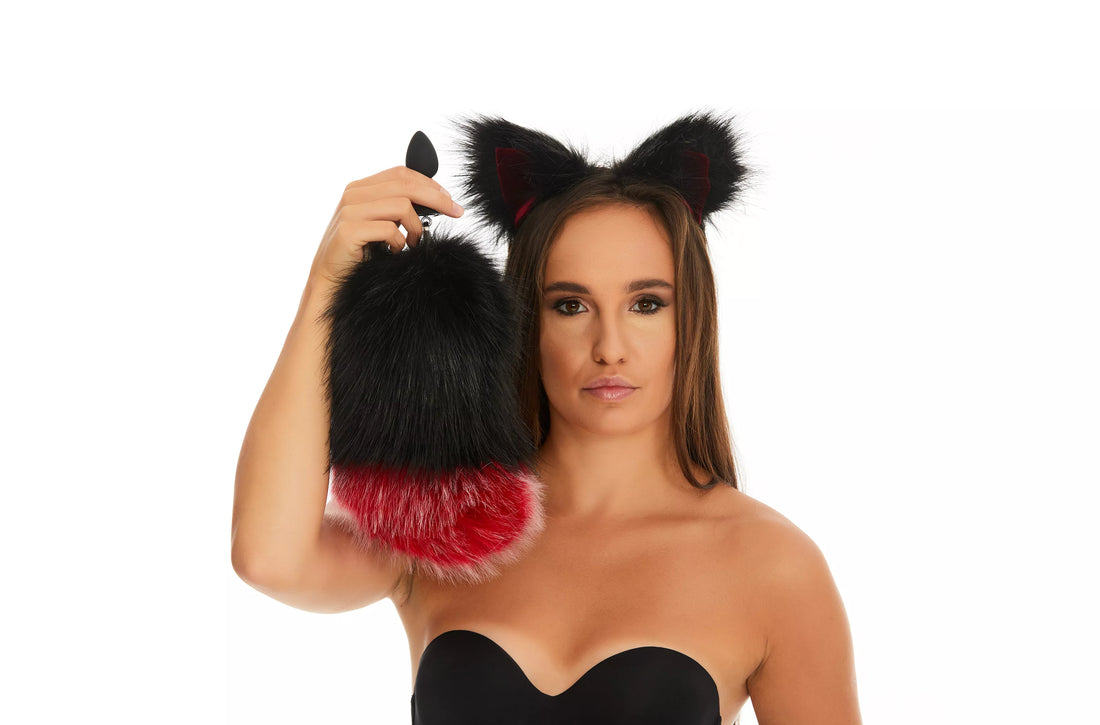 Bunny Tail Butt Plugs black with red tip 10"