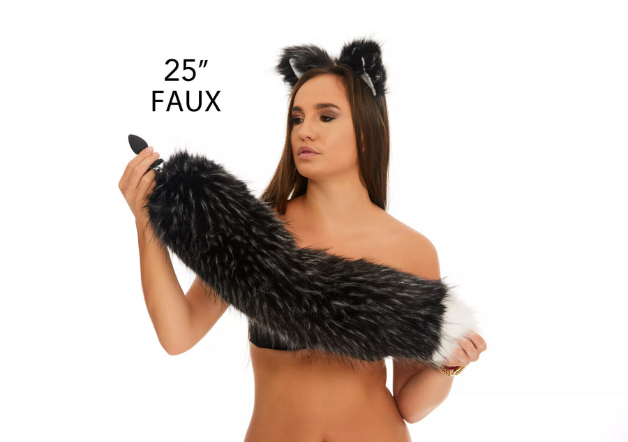 Fluffy Tail Butt Plugs black with white tip 25" 